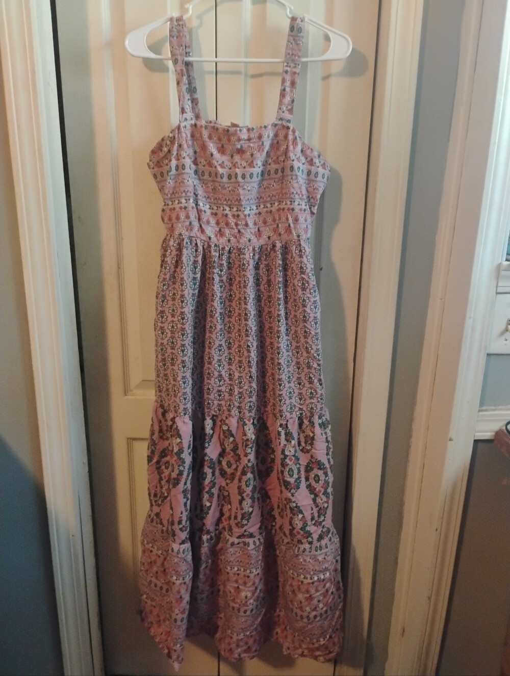 Knox Rose Pink Floral Boho Smocked Tiered Maxi Dress Size M